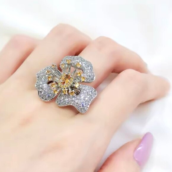 NWT Flower Cocktail Ring S925 Sterling Silver CZ Open Adjustable Feminine Chic - Picture 2 of 13